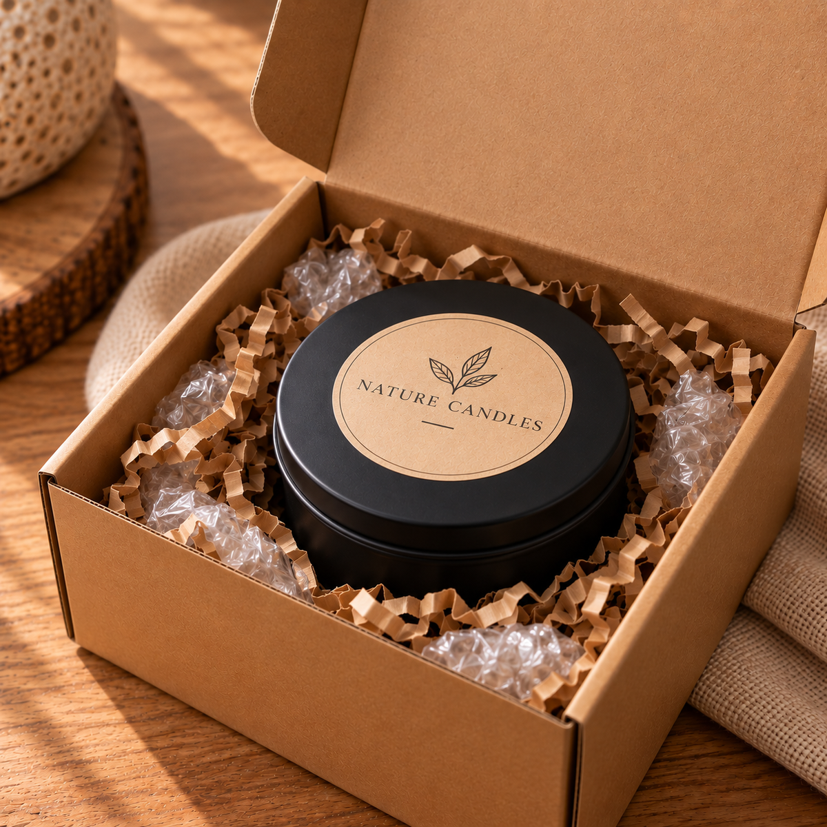 Vela aromática de lavanda de Nature Candles en caja kraft de regalo con relleno natural y etiqueta con logo, lista para regalar
