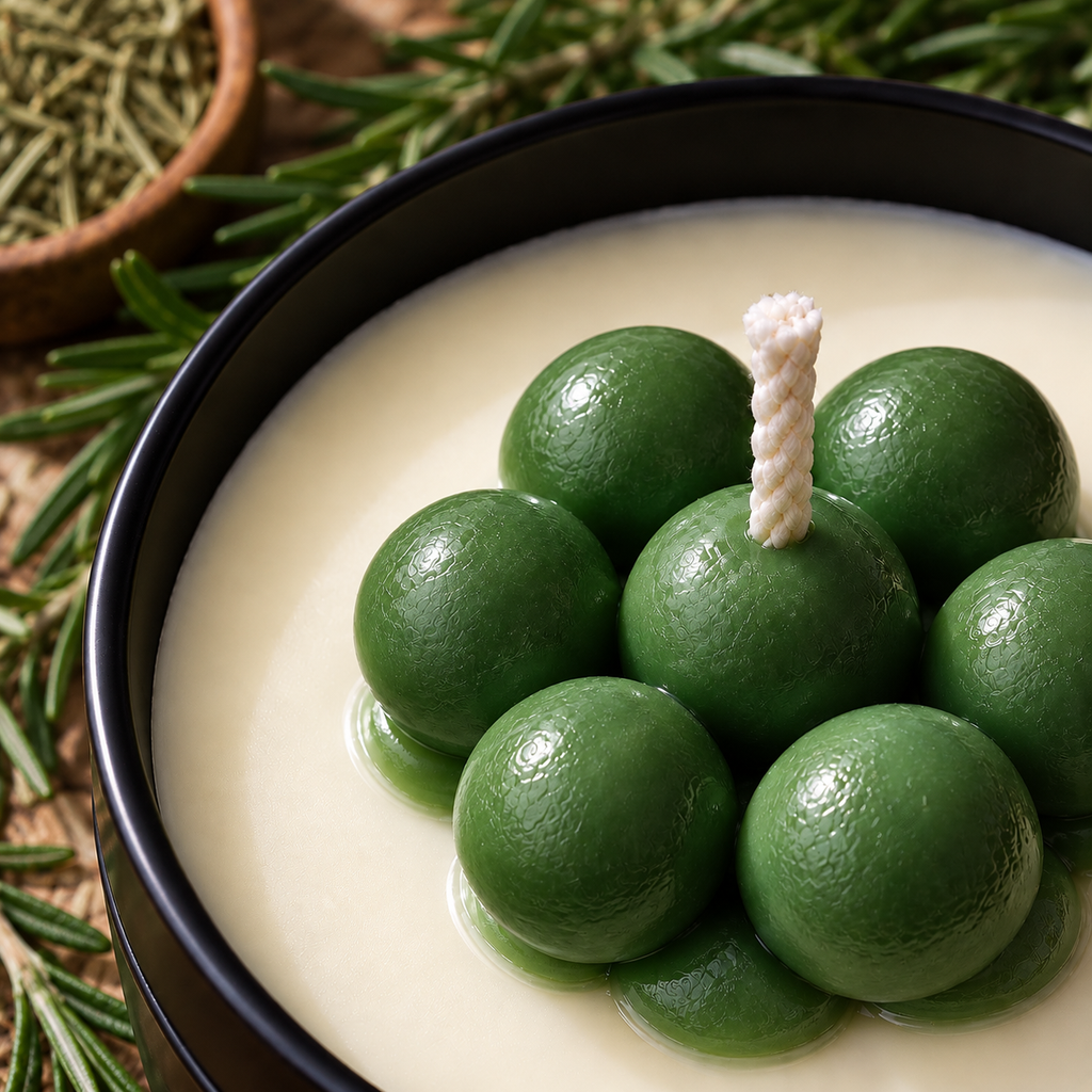 Primer plano de vela aromática de romero de Nature Candles con esferas de cera verde oscuro y mecha artesanal, rodeada de ramas de romero fresco
