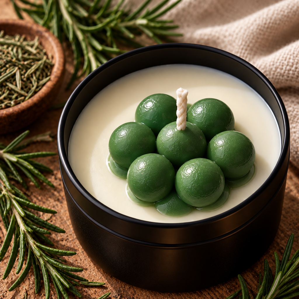 Vela aromática de romero de Nature Candles en tarro negro 120 ml, esferas de cera verde, rodeada de ramas de romero y cuenco de madera con especias
