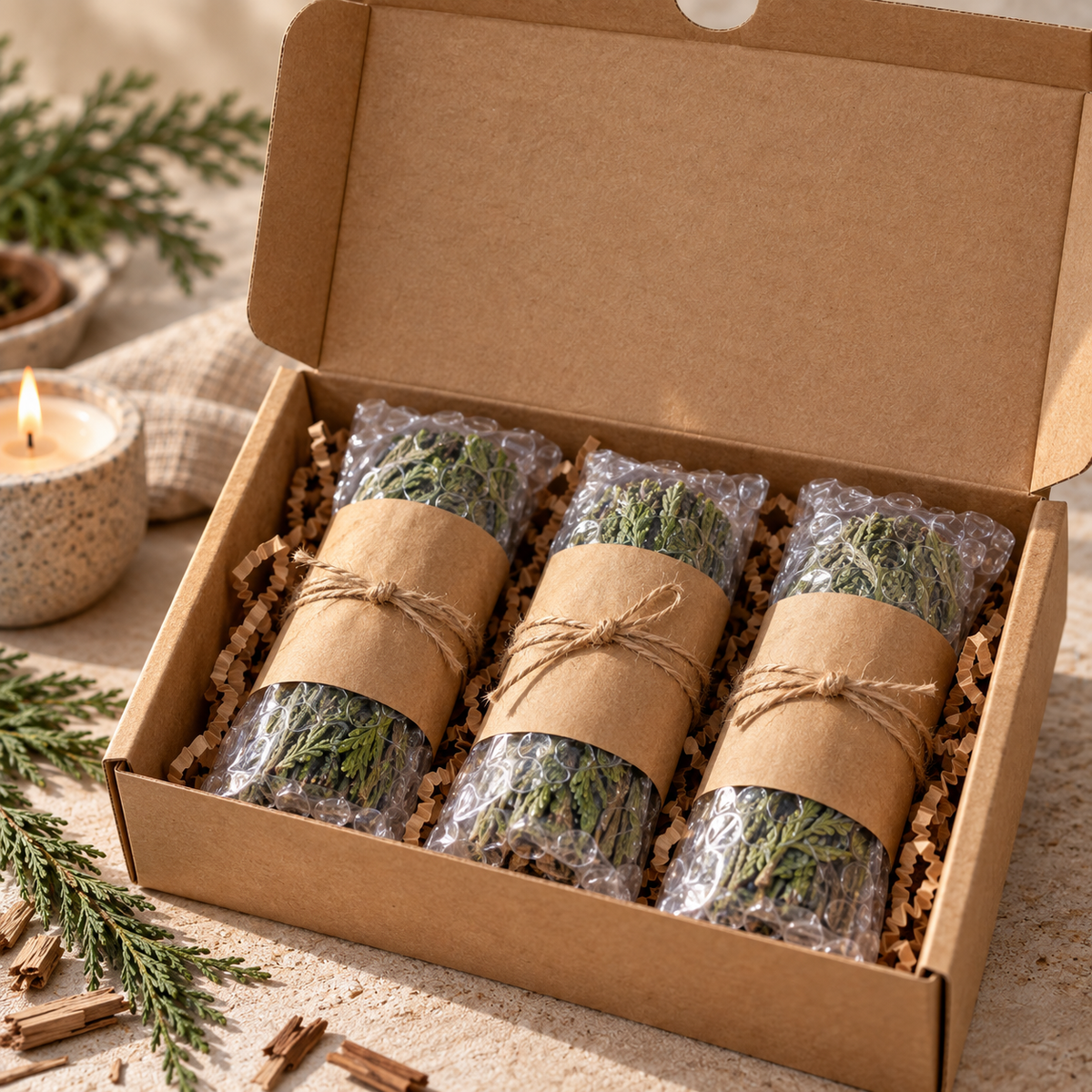 Pack de 3 atados de cedro en caja kraft gift-ready con presentación artesanal y hilo de yute — Nature Candles

