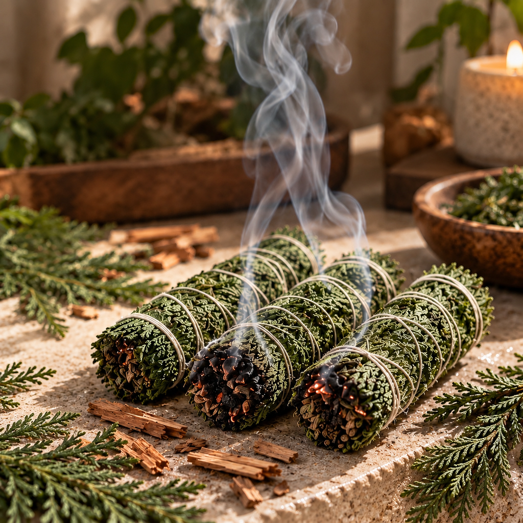 Atados de cedro encendidos con humo aromático elevándose, en ambiente ritual con vela y plantas — Nature Candles
