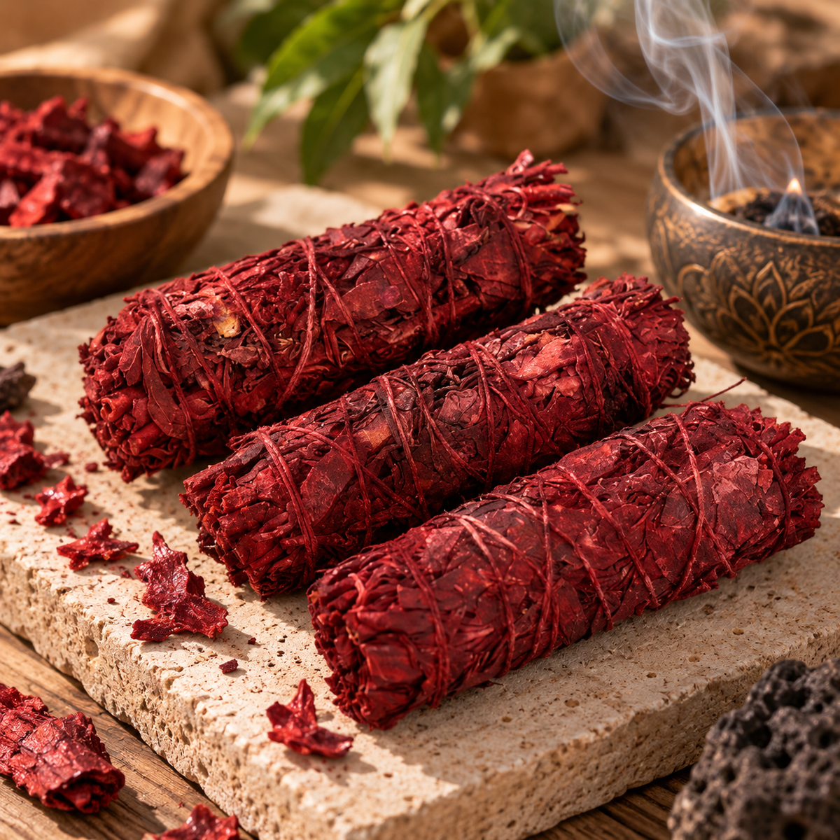 Pack de 3 atados de Sangre de Dragón en caja kraft gift-ready con pétalos rojos y vela de ambiente — Nature Candles
