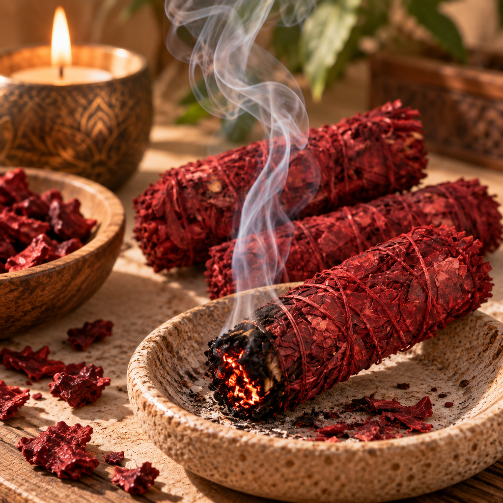 Atado de Sangre de Dragón encendido con humo aromático elevándose, junto a vela y cuenco de madera — Nature Candles
