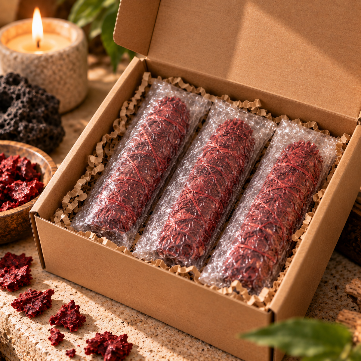 Tres atados de Sangre de Dragón sobre piedra beige rodeados de pétalos rojos secos y cuenco humeante — Nature Candles
