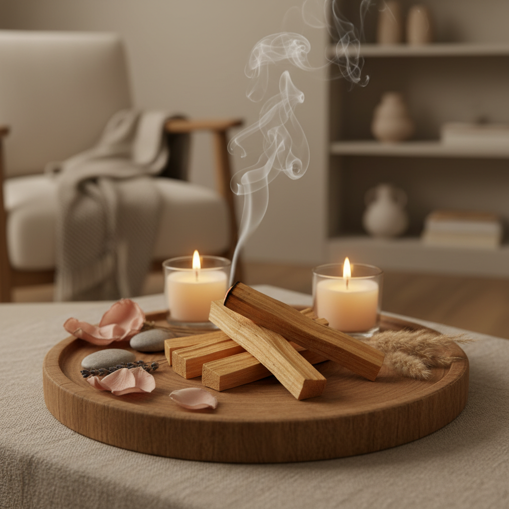 Palo Santo natural encendido con humo en ambiente de meditación - Nature Candles